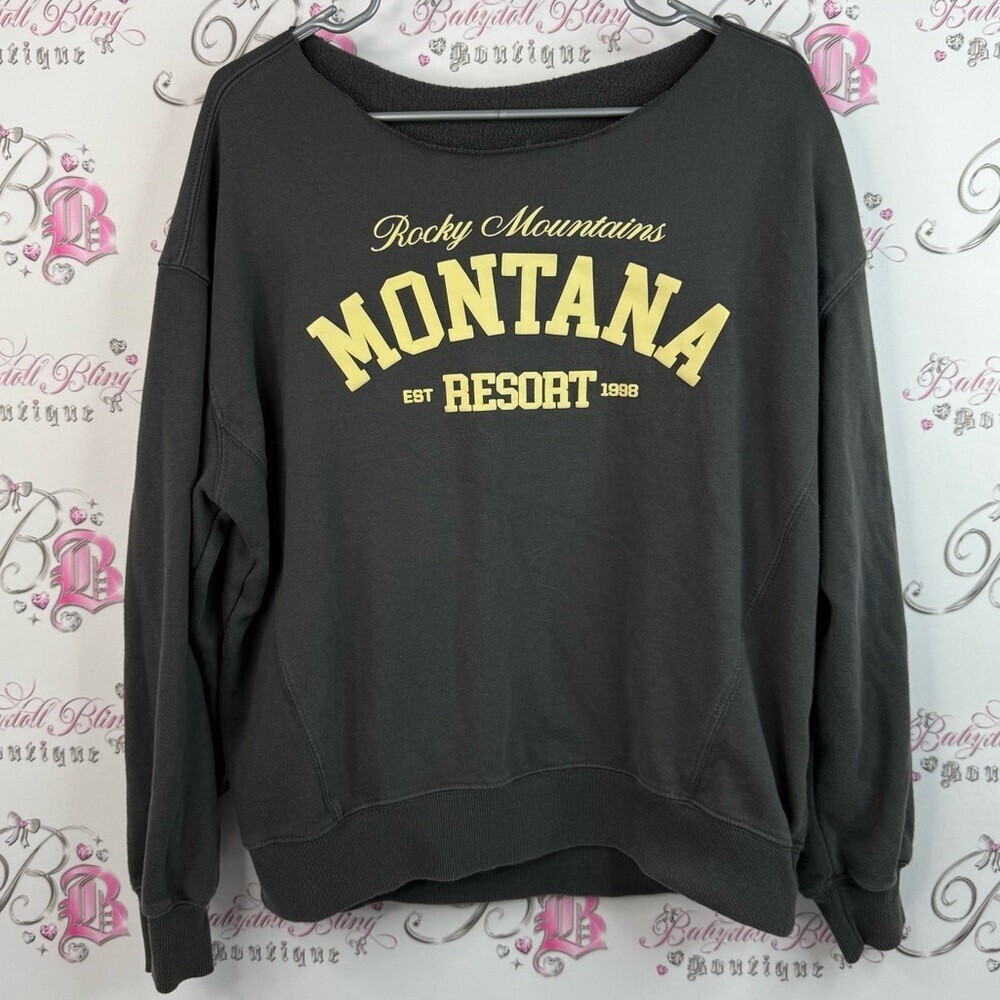 Garage sweater pull over Rocky Mountains grey yellow Montana Resort Sweatshirt